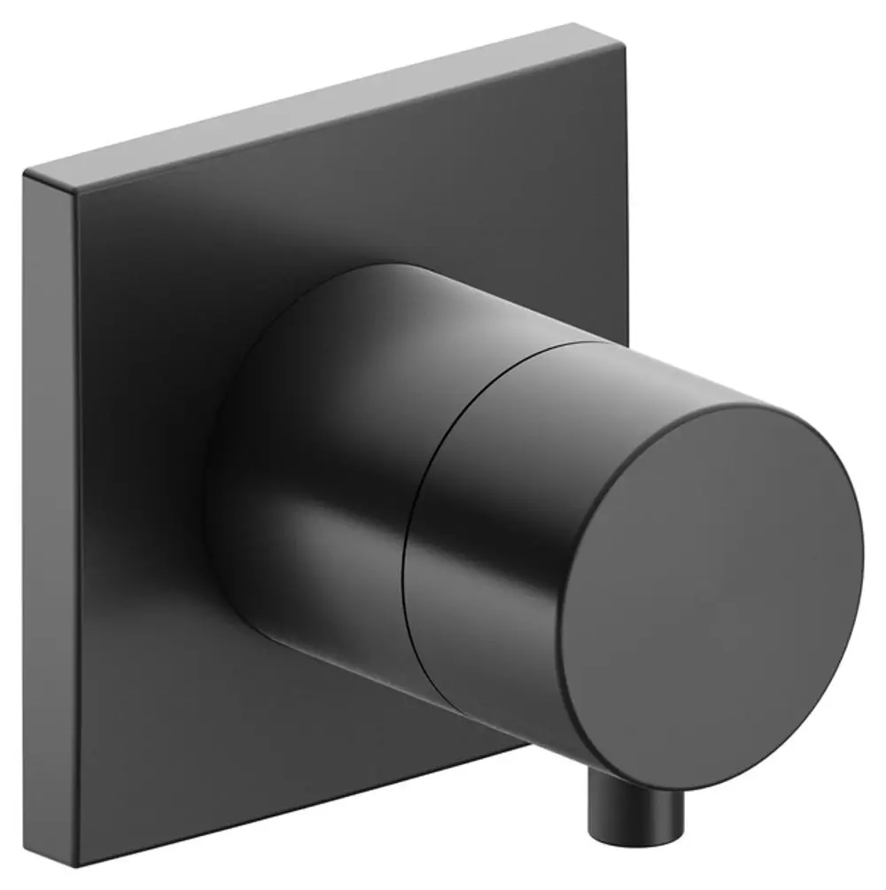 Keuco Armatur mit rundem Handgriff und quadratischer Wandplatte in Schwarzchrom. Entwurf zur Wasserumstellung in modernen Badezimmern.